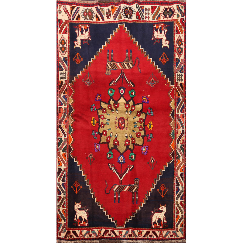 Tapis décoratif en laine noué à la main de conception unique noué à la main Kashkoli rouge/noir 3 pi 9 po x 6 pi 4 po