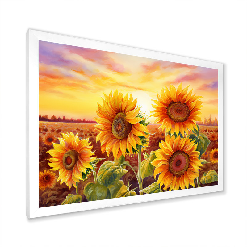 «Burning Sunset Sunflowers Field» sur toile, H 34 po x l 44 po x P 1,5 po, Cadre photo blanc