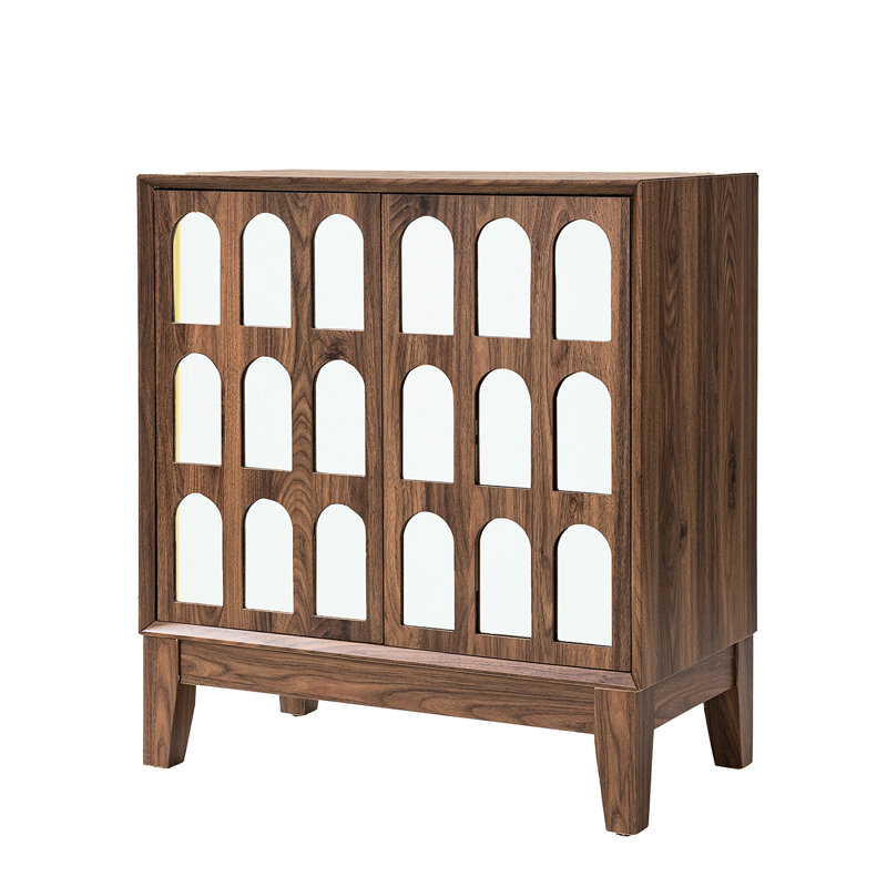 Buffet à deux portes avec accents et miroir Seadrift foncé, noyer, profondeur de 28,69 po, largeur de 15,75 po, plateau de table spacieux, 4 pieds de rangement en bois massif, décorations, intérieur