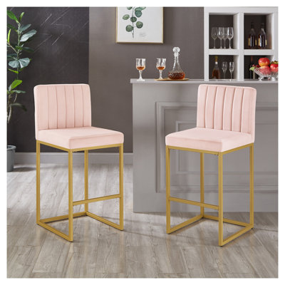 Tabouret moderne en velours à hauteur de comptoir avec dossier complet - rose