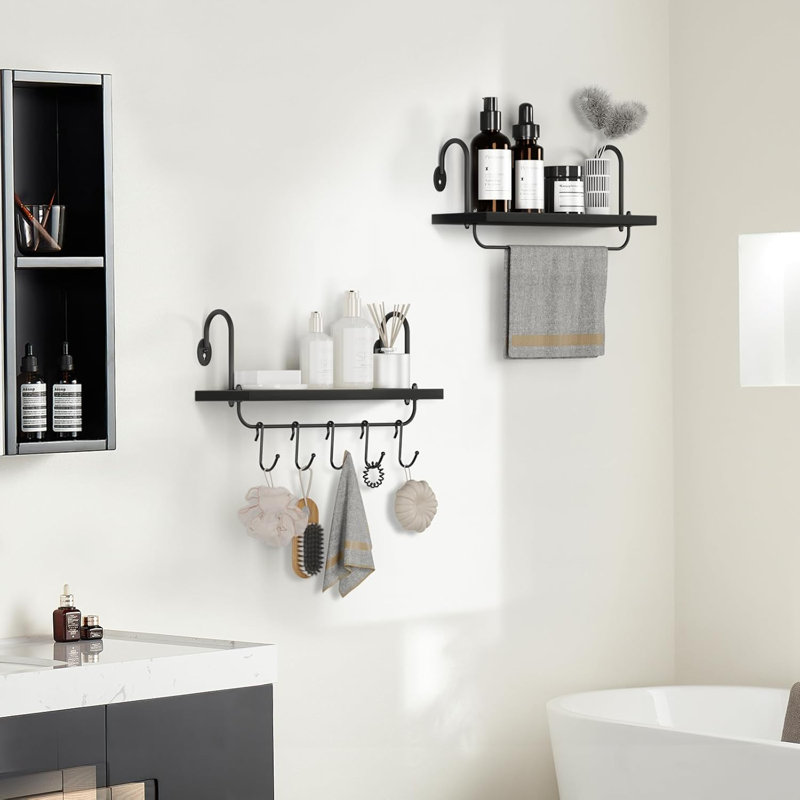 Floating Wall Shelves With Adjustable Hooks For Kitchen, Bathroom, Or Coffee Nook - Rustic Storage Shelf Set Of 2 - Durable Pine Wood With Matte Black Metal Brackets