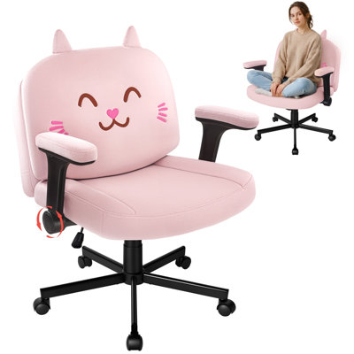 Cat Design Criss Cross Chair with Flip-Up Arms and and Thick Cushion, Ergonomic Wide Seat Desk Chair with Velvet Fabric and Flexible Back Cushion, Height Adjustable Criss Cross Chairs for Home Office, Bedroom, Vanity, Pink