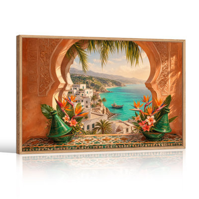 Tableau sur toile représentant une arche en terre cuite encadrant un village blanc et une mer turquoise
