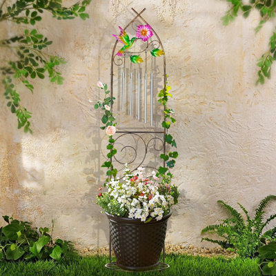 Support pour plante 48 po en métal avec treillis et carillons, support de jardin décoratif pour plantes grimpantes, patio extérieur et décoration de cour