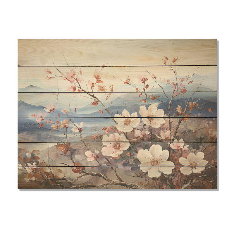 Japan Apple Blossom By The Mountain I - Flowers Wood Wall Art On Natural Pine Wood, 10" H x 20" W