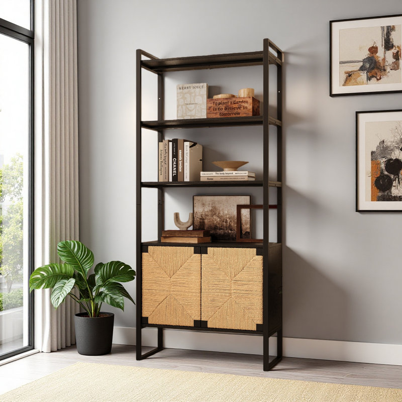 Bibliothèque en rotin avec porte d'armoire, tablette ouverte à double fonction avec armoire fermée pour le salon