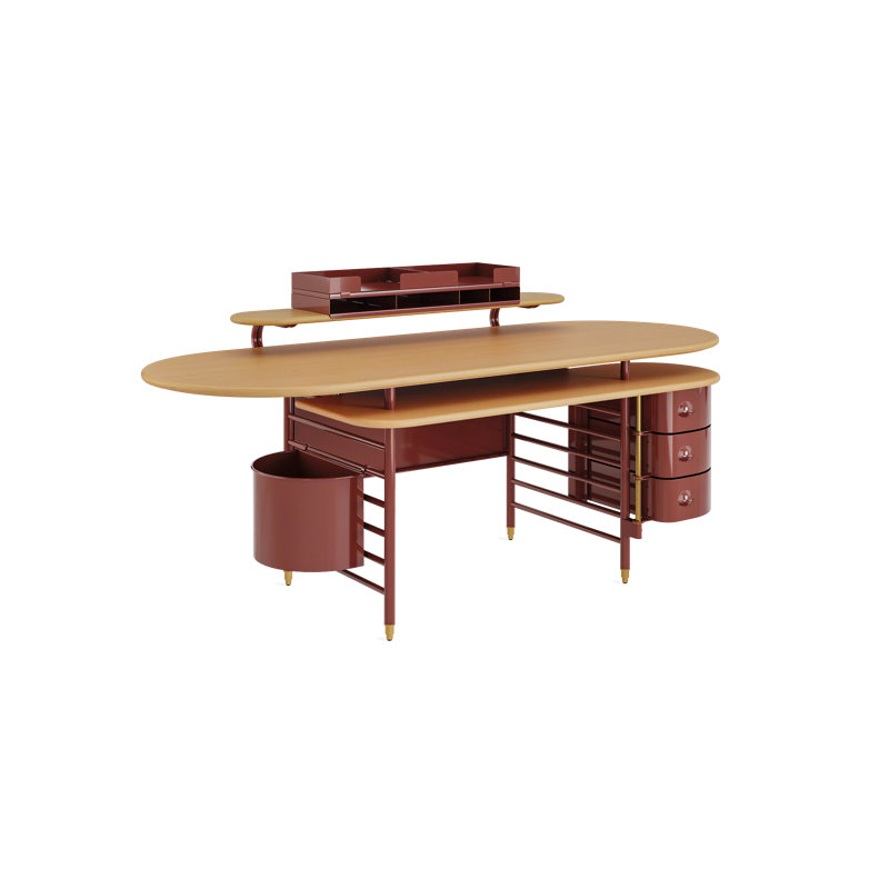 Frank Lloyd Wright Racine Desk with Storage and Accessories, 35" H x 84" W x 37" D, Maple Brown/Red