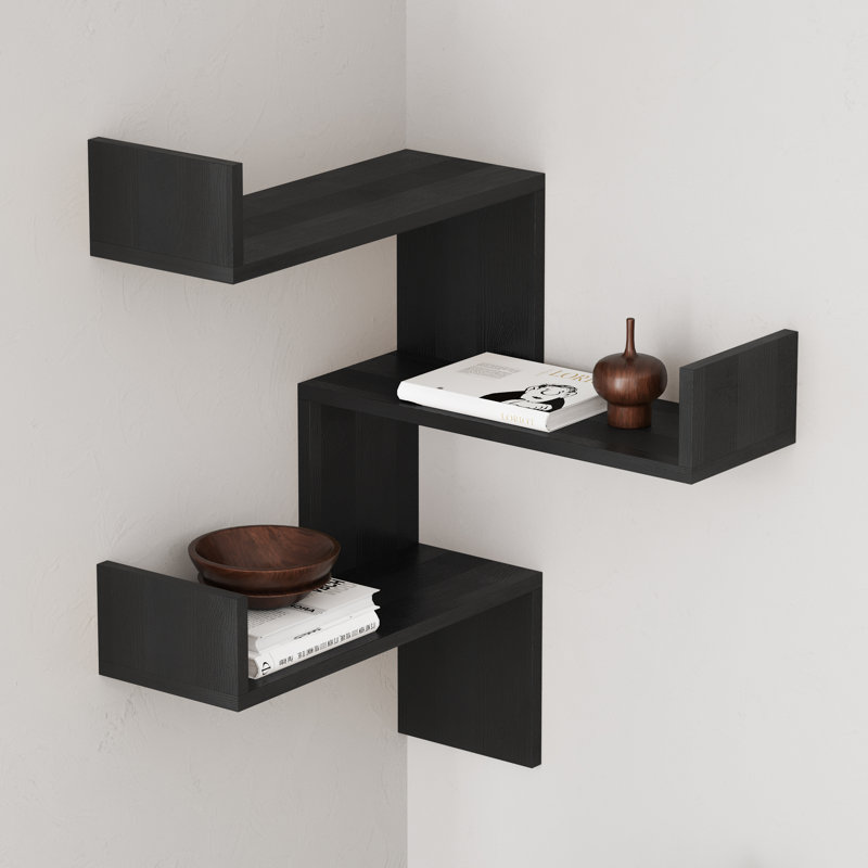 Luci 3 Piece Corner Wall Mounted Floating Shelf Modern Space-Saving Design, Black Wood