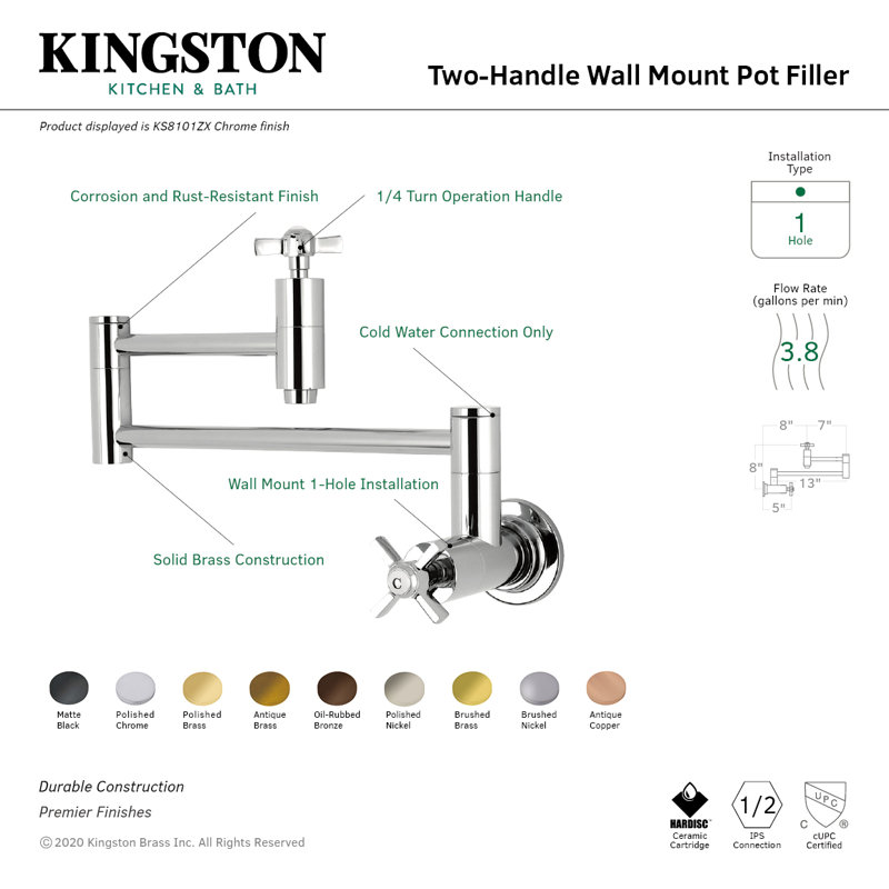 Kingston Brass Millennium Two-Handle 1-Hole Wall Mount Pot Filler Faucet, Antique Copper