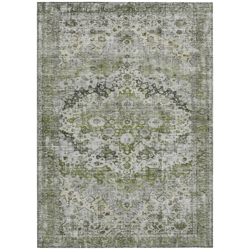 Tapis intérieur/extérieur lavable, 90 x 150 cm, motif floral vert artichaut, gris et argent.