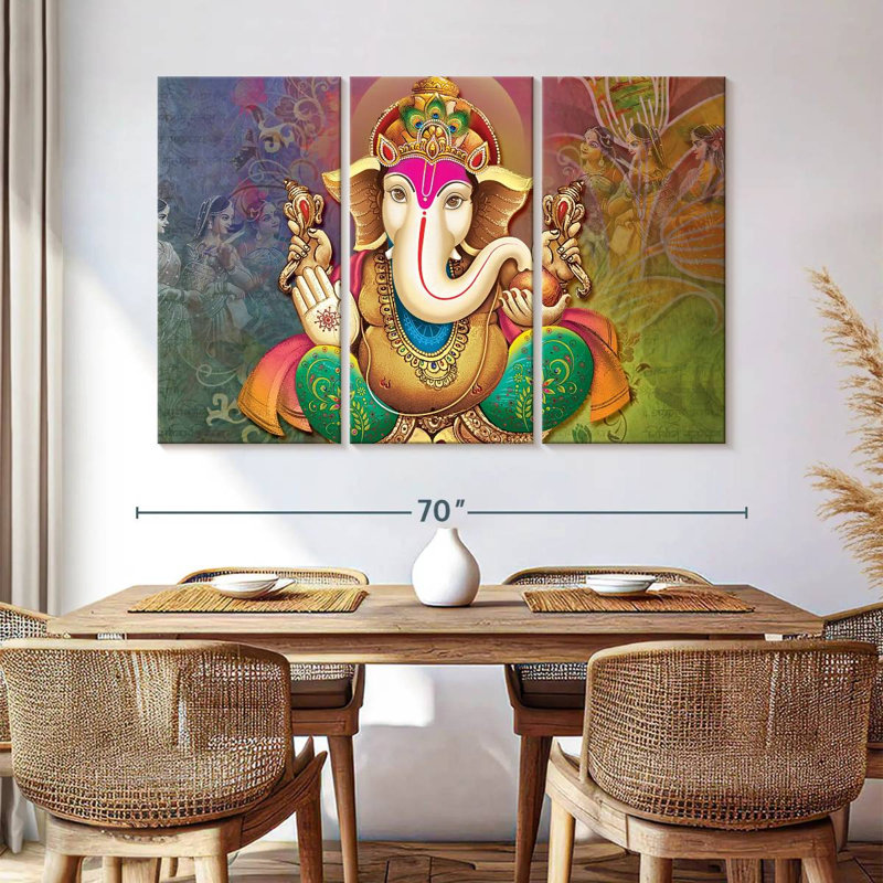 Ensemble de 3 pièces de divinités indiennes sur toile Ganesh, H 42 po x l 65 po x P 1,25 po