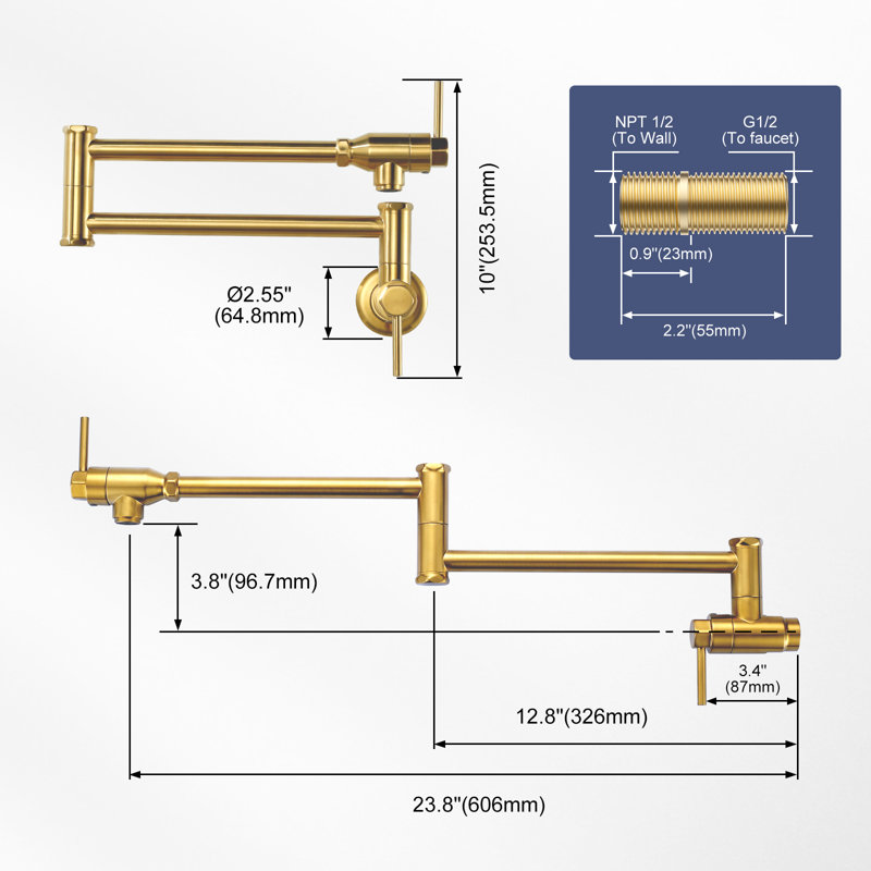 Wall Mount Pot Filler Kitchen Faucet Solid Brass With Retractable Arm, Gold