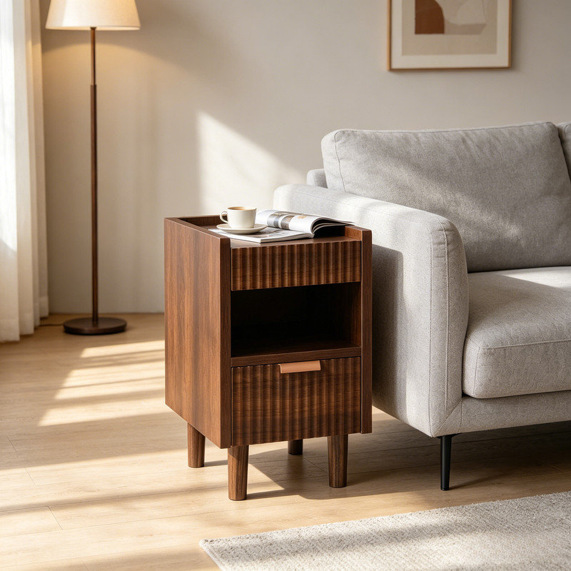 Table de chevet compacte autoportante en noyer brun à cannelures verticales en bois avec tiroir et rangement ouvert, Brown