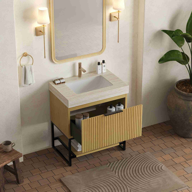 Meuble-lavabo de salle de bain, Beige, Chêne doré