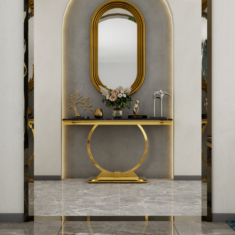 Console de luxe avec base en U en métal et plateau à texture brillante, Noir / or