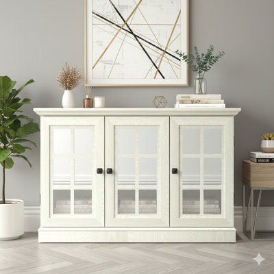 45-Inch Wide Storage Cabinet With Three Mirrored Acrylic Doors, Sideboard With Adjustable Shelves For Living Room, Dining Room, And Kitchen, Made From Decorative Laminates And MDF Substrate