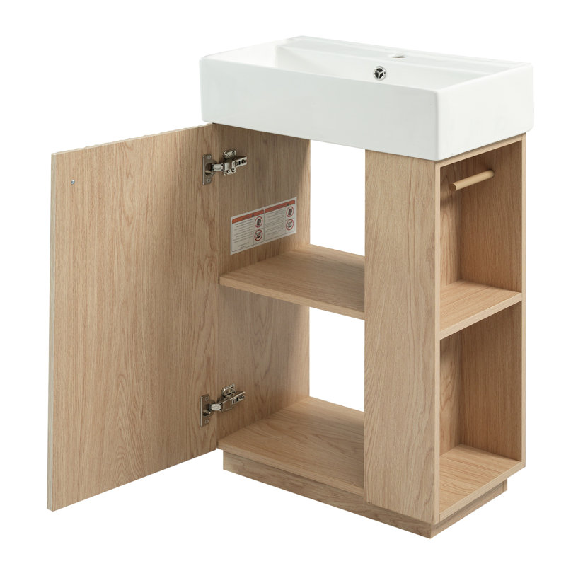 21.6" Bathroom Vanity With Ceramic Basin, Natural Wood Texture, And Side Storage Multi Space For Function Functionality