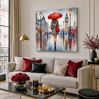 " London In Drizzle Iconic Cityscape With Red Umbrella "