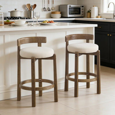 Mid-Century Beige Linen Bar stools Set of 2 - Low Back Counter Height stools with Soild Wood Frame, Upholstered Cushion Kitchen Bar stools for Counter, Stylish & Comfortable