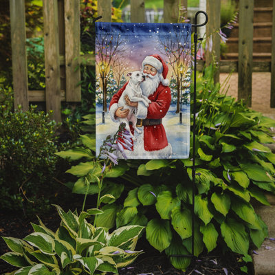Pitbull blanc avec drapeau du jardin du père Noël