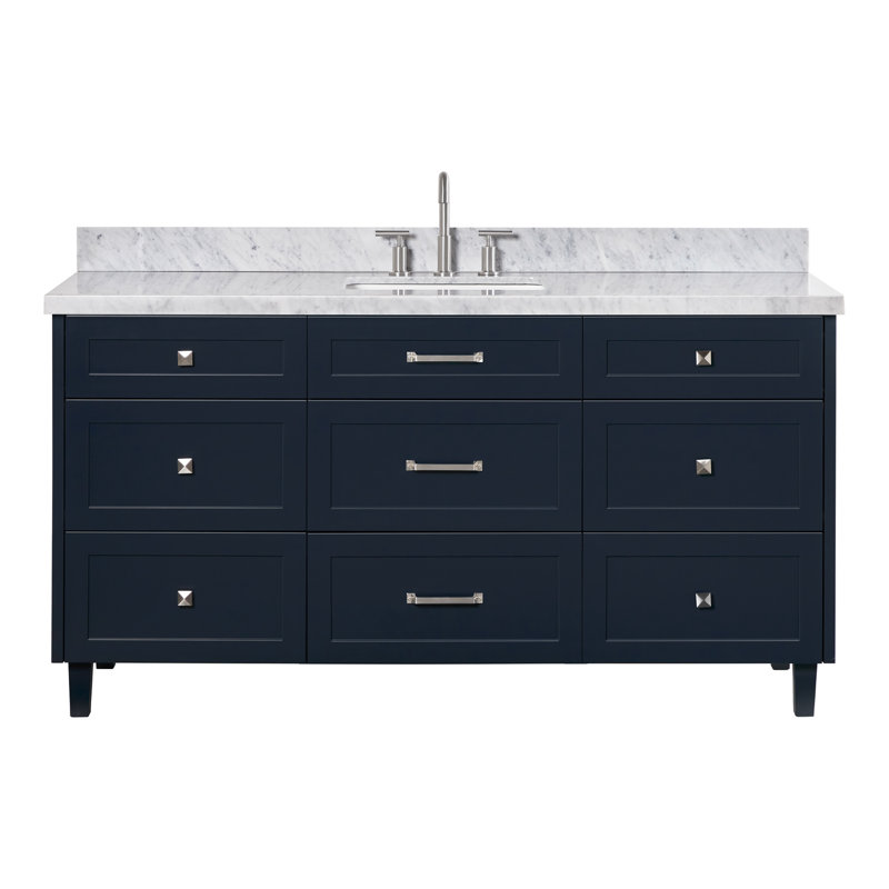 Ariel Monroe 67 Inch Single Rectangular Sink Bathroom Vanity With Italian Carrara Marble Countertop, Midnight Blue