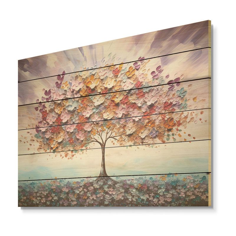 Multicolor Famous Tree Of Love - Flower Field Wood Wall Art On Natural Pine Wood, 24" H x 32" W