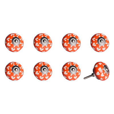 Set of Eight Orange White And Silver Floral Ceramic Drawer Pull Knobs