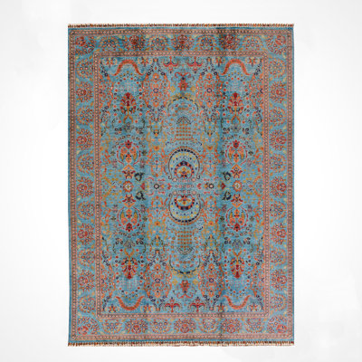 Original Hand Knotted Traditional Pattern Teal Wool and Cotton Rug