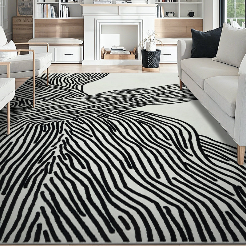Modern Abstract Stripes Machine Washable Area Rug in Black & White, Rectangle 9' x 12'
