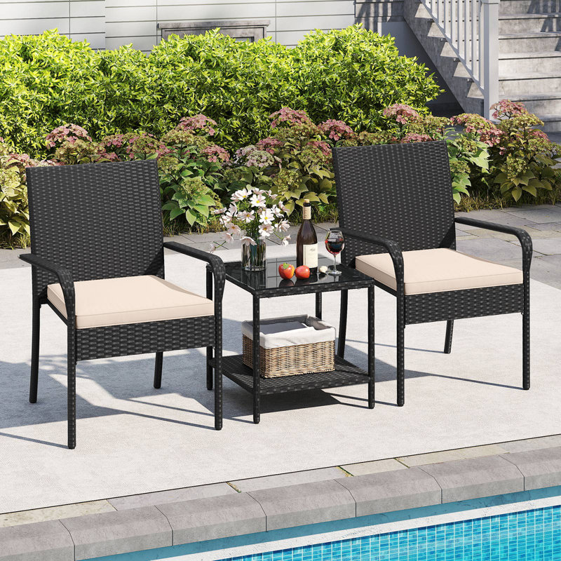  3 Piece Patio Furniture Set Outdoor Wicker Chair & Table Set w/ Seat Cushions Beige, Beige
