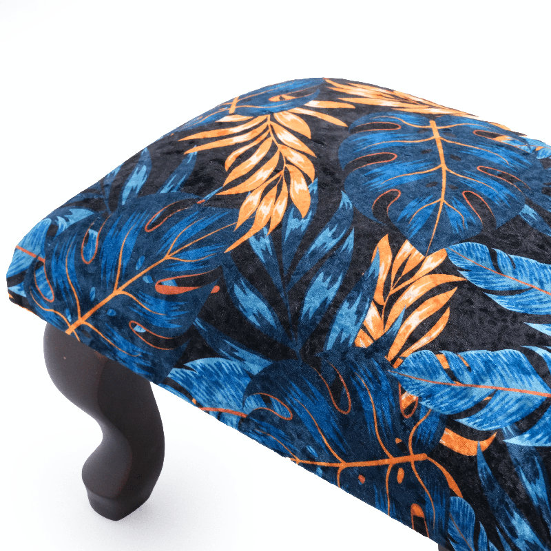 Gravitte 38cm Wide Velvet Rectangle Floral Footstool Ottoman, Wenge, Blue