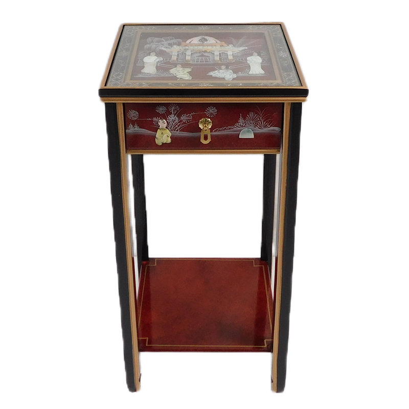 Oriental stand with drawer, shelf and glass top, Rouge