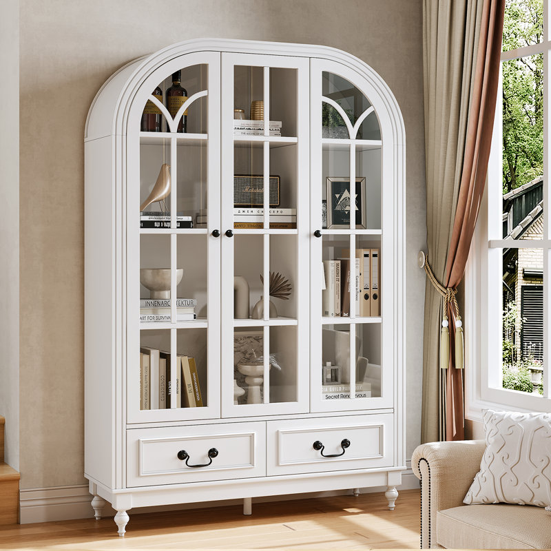 67" Tall Arched Bookcase With Glass Doors, 4-Tier Display Cabinet With Adjustable Shelves, White