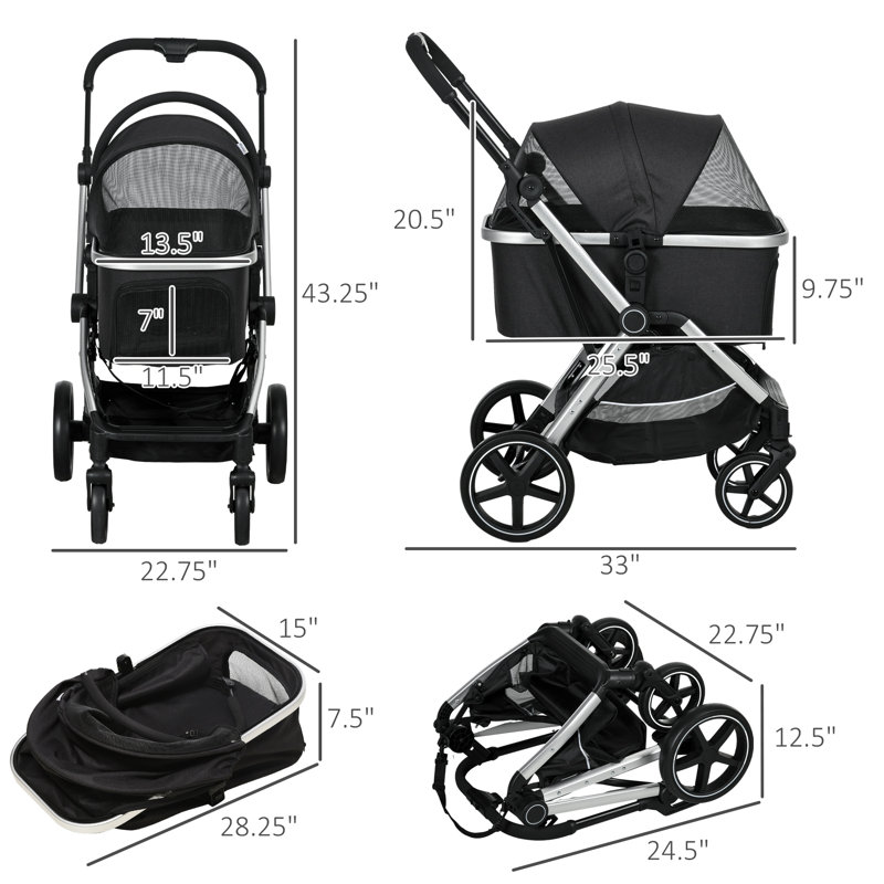 PawHut Black Aluminum 3-in-1 Pet Stroller with Storage Basket