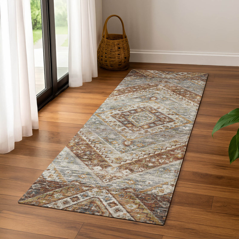 Premium Machine Washable Mayfield AMF2195 geometric Rug, 2'3" x 7'6" Runner, Paprika
