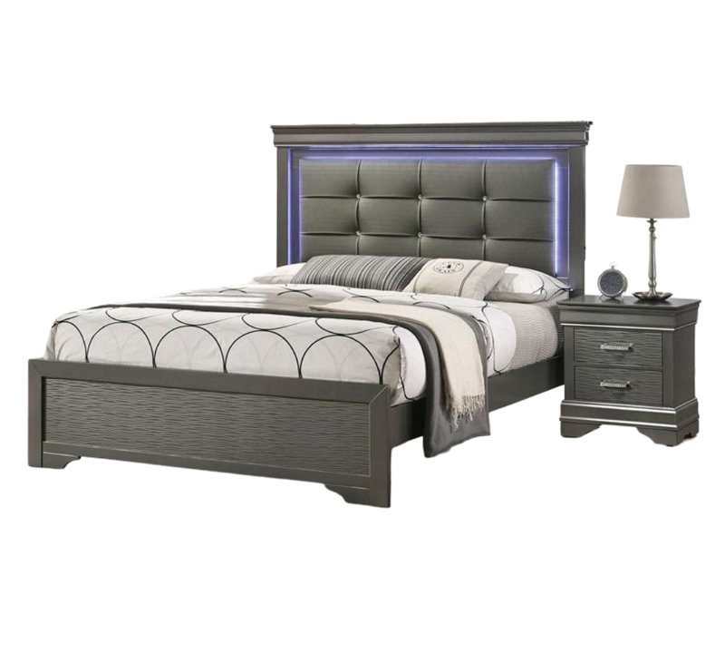 Mobilier de chambre à coucher gris capitonné, Grand lit