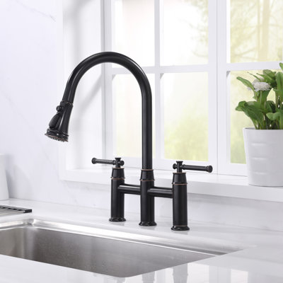 Pull Down Bridge Kitchen Sink Faucet, Two Handle Kitchen Faucet