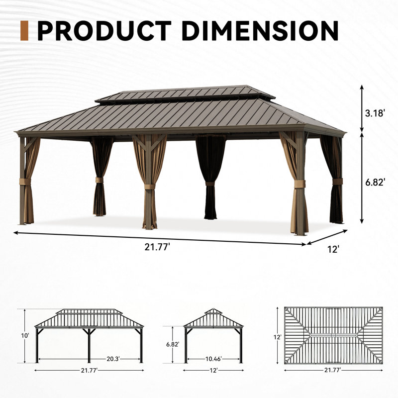 22 Ft. W x 12 Ft. D Outdoor Aluminum Hardtop Gazebo with Double-Layer Roof, Curtains, and Mosquito Net