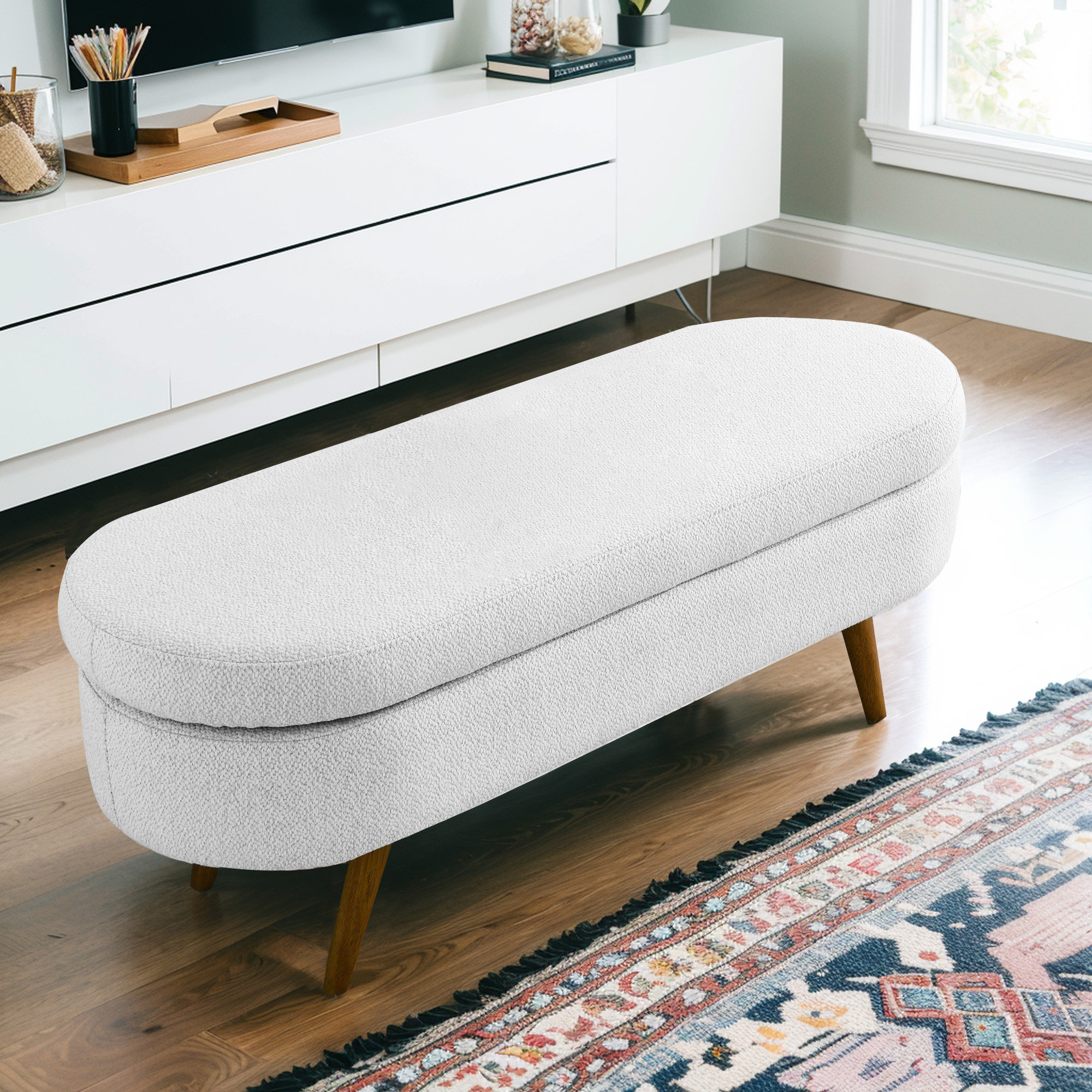 Ottoman Gray Oval Storage Bench(16 in. H x 43.5 in. W x 16 in. D