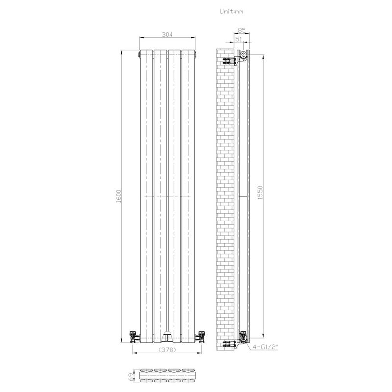 iBathUK Belgravia Vertical Double Slim Flat Panel Radiator, 1600cm H x 304cm W x 69cm D, Grey