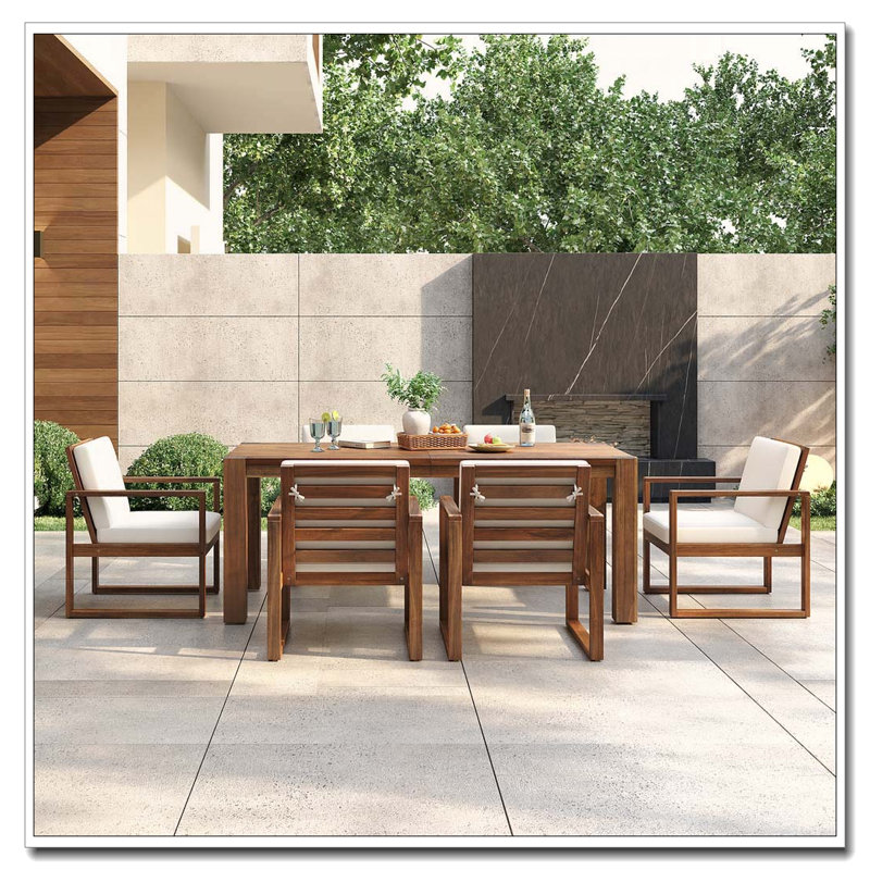 Ensemble de salle à manger 7 pièces pour 6 personnes en bois d'acacia avec trou pour parasol (moka), Moka