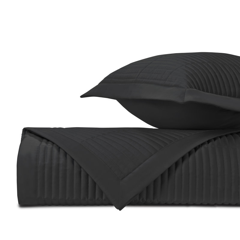 Channel Quilted Sateen Coverlet Set, Queen Coverlet / Bedspread + 2 Shams, Black