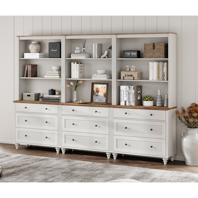 Bibliothèque Corretta 183 cm (H) x 258 cm (L) avec 3 tiroirs (lot de 2), bibliothèque haute avec 3 étagères ouvertes, grande bibliothèque en bois de style ferme pour salon, chambre, bureau ou cuisine.