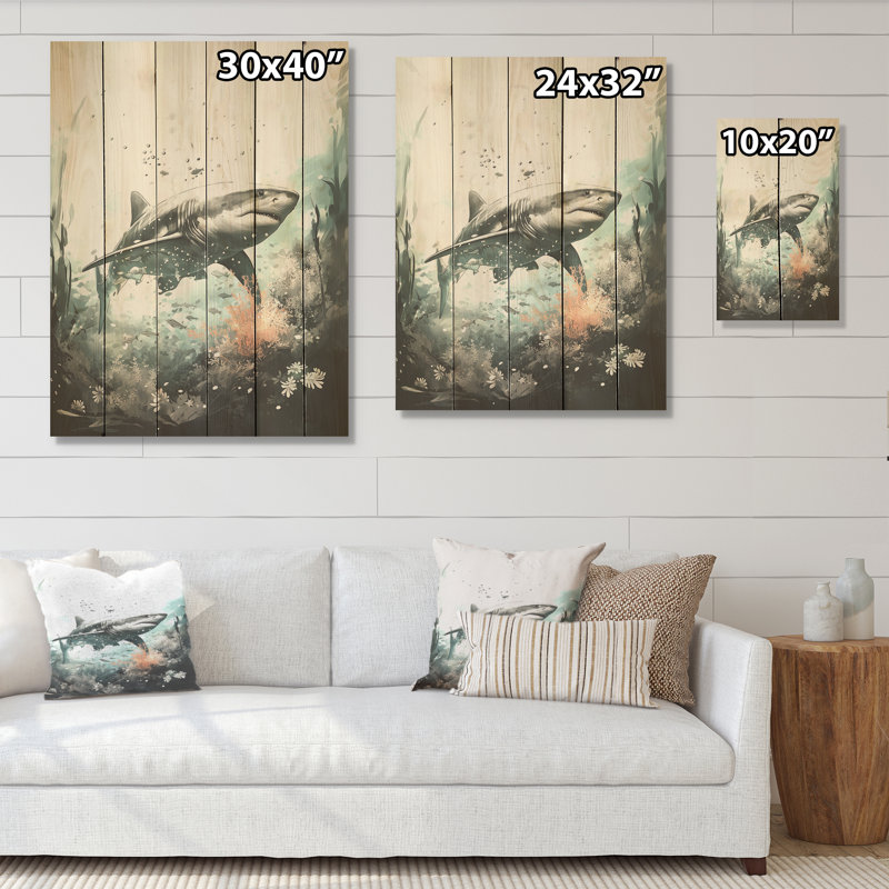 Requin tueur silencieux - art mural en bois de requin sur bois de pin naturel, H 20 po x l 10 po