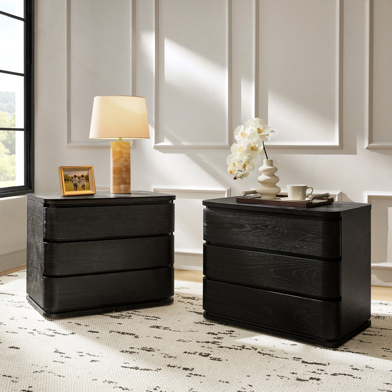 Waynesville Modern 30"W 3-Drawer Oak Wood Fully Assembled Nightstand with Built-In Powerstation and USB, Black