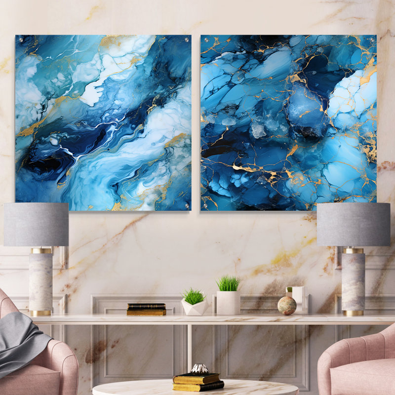 Loren - Ensemble de 2 peintures murales abstraites en acrylique sur verre marbré, H 36 po x l 73 po