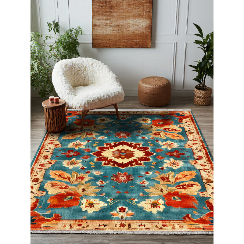 Larissa Collection Digital Print Cotton-Polyester Blend Rug – Teal & Red, Rectangle 5'3" x 8'3"