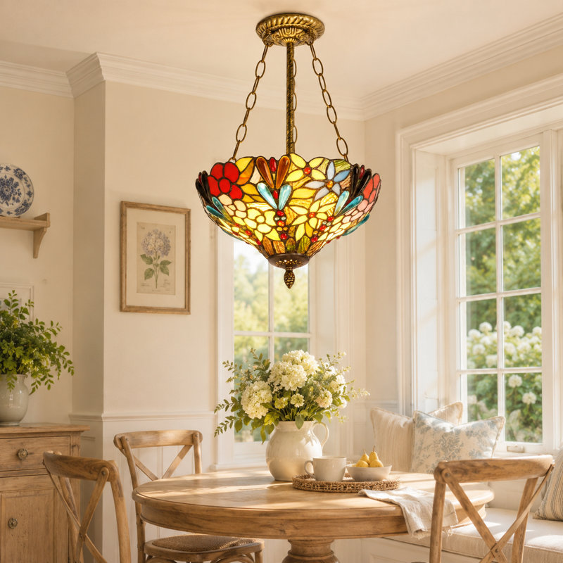 Plafonnier semi-encastré à 2 lumières de style lustre en verre coloré style Tiffany