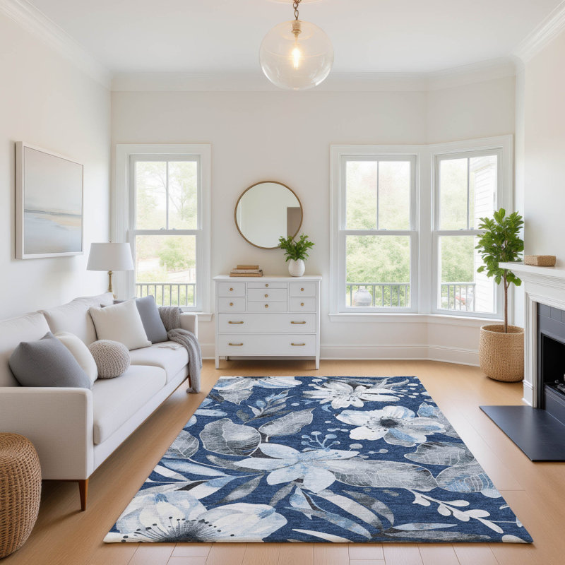 Tapis floral lavable à la machine de qualité supérieure Mayfield AMF2260, Marine, 8 pi x 10 pi