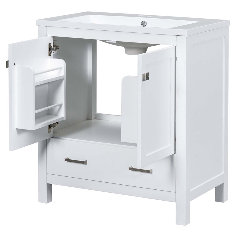 Meuble-lavabo de salle de bain avec lavabo simple, 2 portes à fermeture douce et un tiroir, Blanc